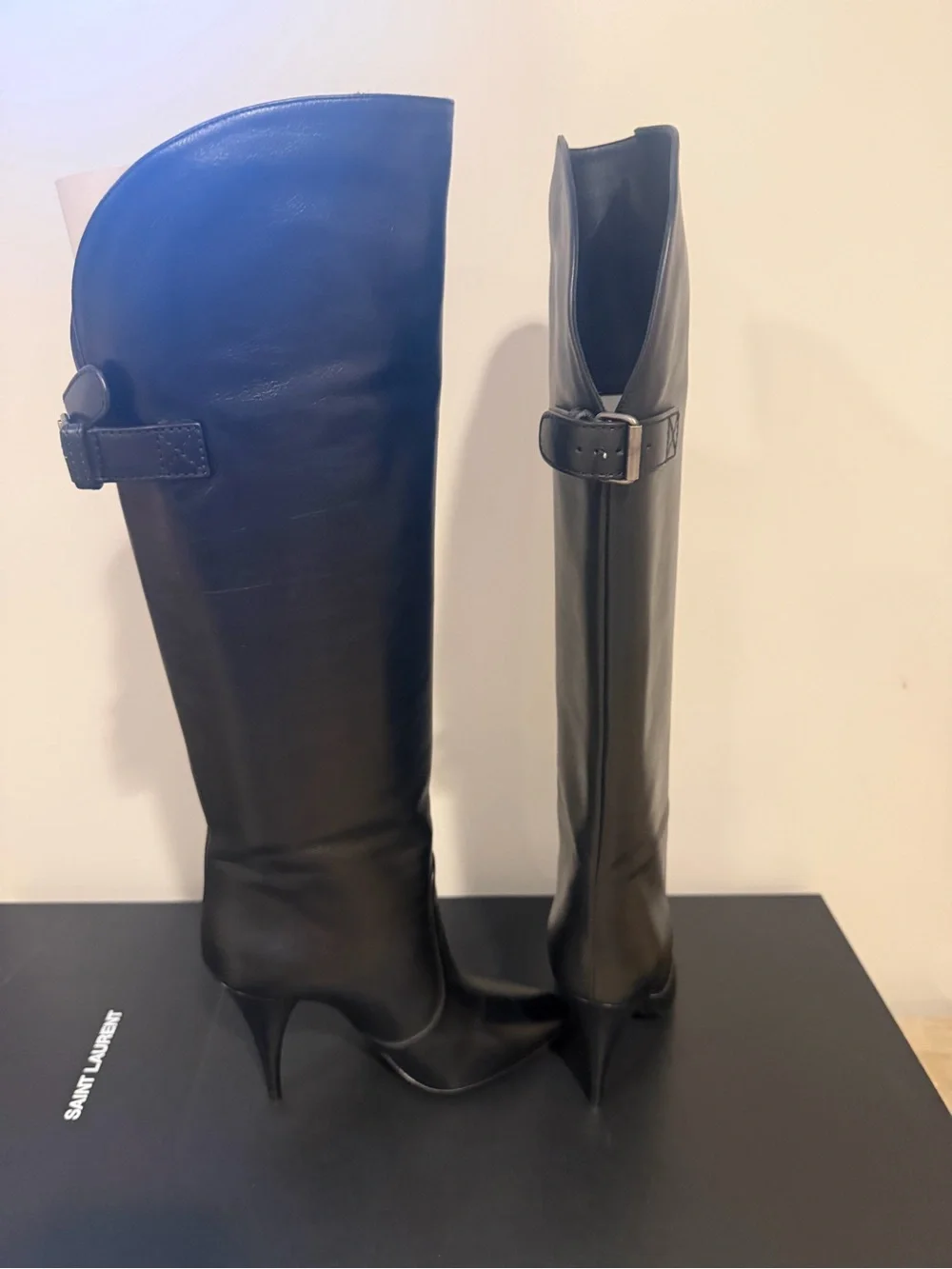 Saint Laurent Black Leather Over-the-Knee Stiletto Boots with Buckle 37.5